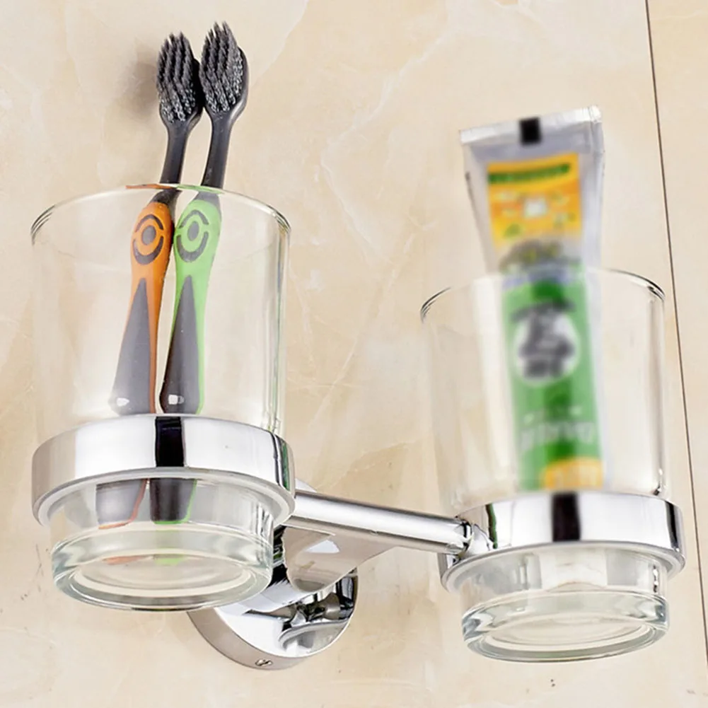 

Home Bathroom Kitchen Accessories Hotel Portable Wall Mounted Bracket Toothbrush Holder With Double Cups Stainless Steel