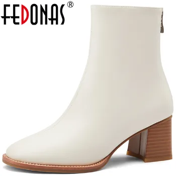 

FEDONAS 2020 Winter Newest Genuine Leather Women Ankle Boots Fashion Concise Round Toe Thick Heels Pumps Wedding Shoes Woman