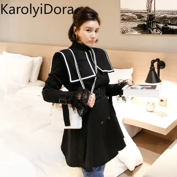 

2020 spring new Korean temperament double-breasted retro lace up waist fashion navy suit trench coat jacket