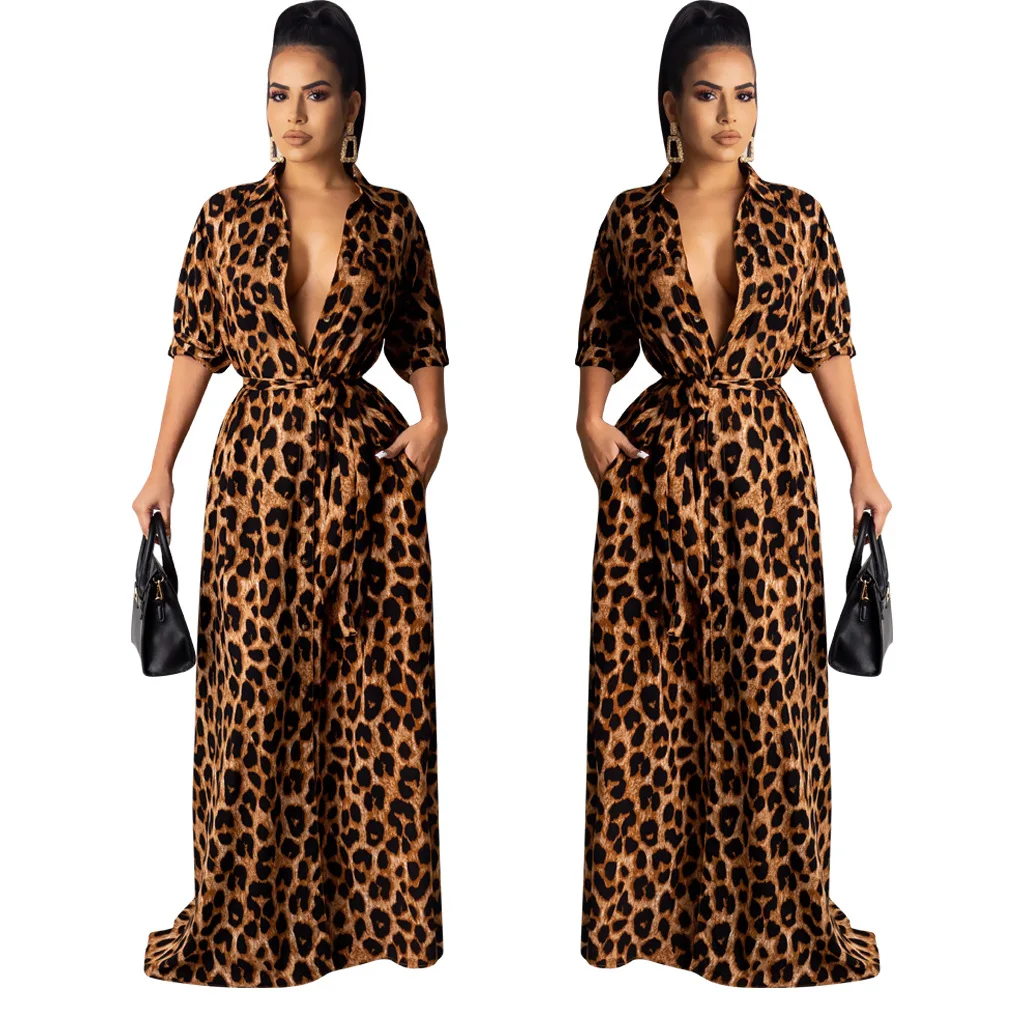 HAOYUAN Sexy Leopard Maxi Dress Women Robe Plus Size Christmas Clothes Night Club Party Dress Half Sleeve Elegant Long Dresses
