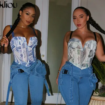 

Kliou Letter Print Deep V-Neck Hot Sexy Zipper Crop Top Women 2020 Fashion Party Clubwear Sleeveless Backless Skinny Slim Camis