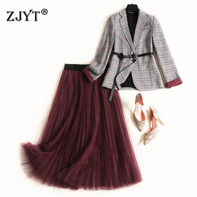 

Elegant Office Lady Business Blazer Suit Set Women Autumn Designer Full Sleeve Turn Down Plaid Blazer Mid Calf Tulle Skirt Sets