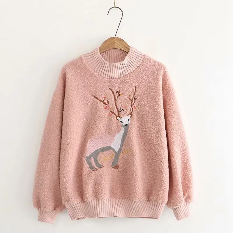 

The new autumn and winter semi-high collar pullover embroidered fawn pattern knit sweater vests female students velvet jacket