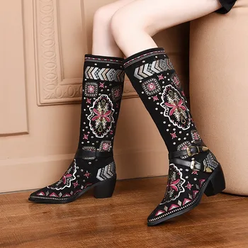 

British style graffiti thick heel newspaper pattern personality long boots with student plus size ankle boots women