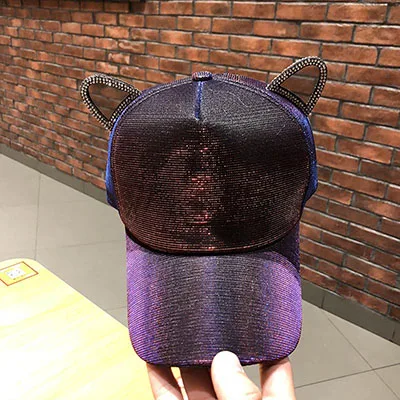 Dark Purple Blue Корейские милые женские бейсболки с кошачьими ушками, новинка, Модные цветные блестящие кепки, уличные солнцезащитные козырьки, регулируемые 54-58 см - Цвет: Dark Purple Blue