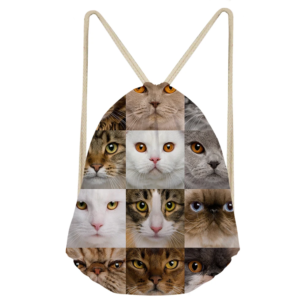 Kawaii кошка печать шнурок Сумка для женщин девочек милые кошки льняная нитка Шнурок Рюкзак Дорожная сумка для хранения