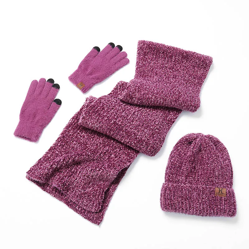purple Зимний комплект из шапки и шарфа для женщин и девушек, вязаная шерстяная шапочка, шапка из хлопка Skullies, женская шапка и шарфы, набор перчаток, однотонный цвет - Цвет: purple