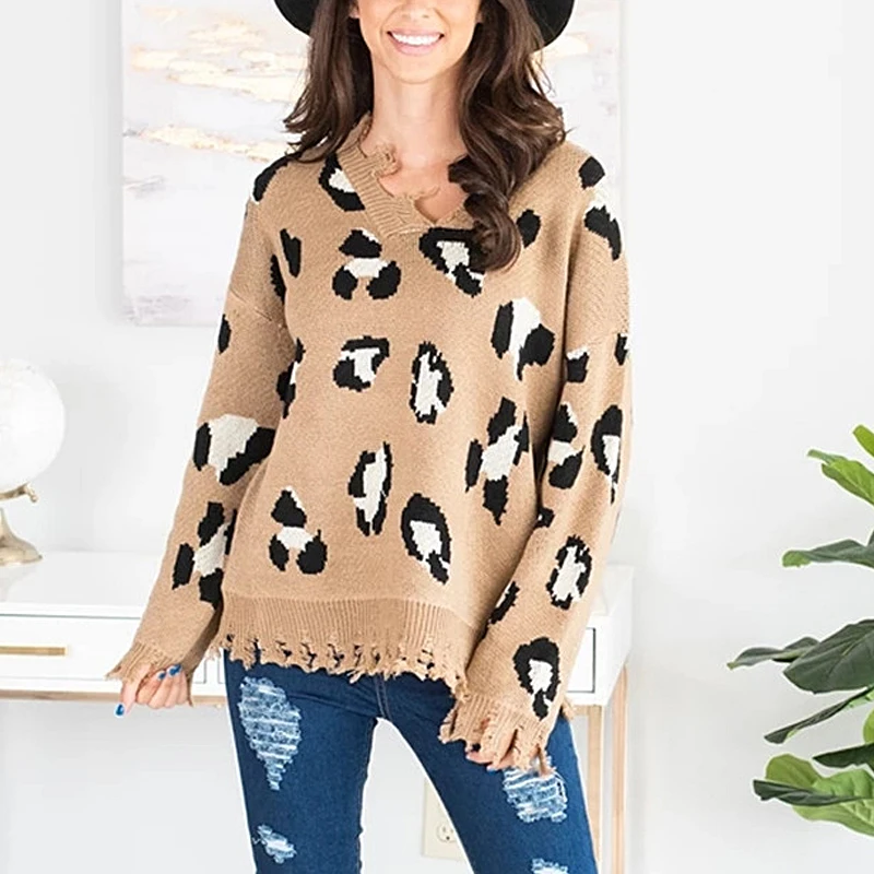 Сексуальный вязаный пуловер с v-образным вырезом; джемпер; сезон зима-осень; женский леопардовый принт; рваные свитера с длинными рукавами; топы; mujer