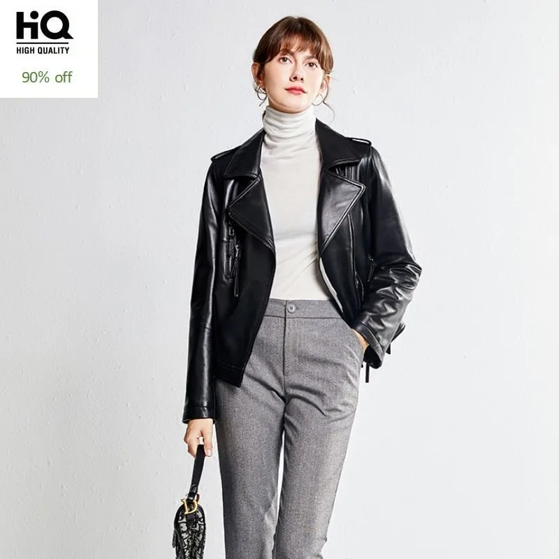 

Top Quality Womens Lapel Collar Biker Genuine Leather Jacket Slim Fit Punk Sheepskin Coat Zipper Short Real Jaqueta Couro 3XL