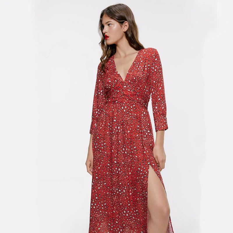 Модное осенне-летнее платье Boho ZA с принтом женское элегантное свободное платье с бантом вечерние подарки дружбы/девушки новейшее платье V/o-образным вырезом - Цвет: 4