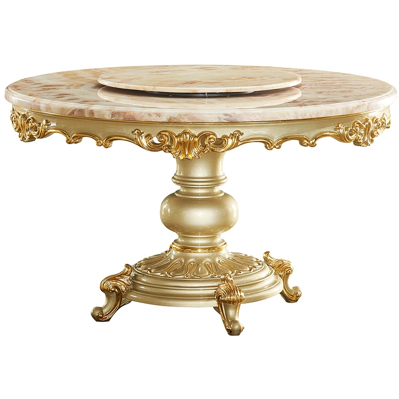 Антикварная роскошь 6 сидений Золотой резной мраморный верх круглый обеденный