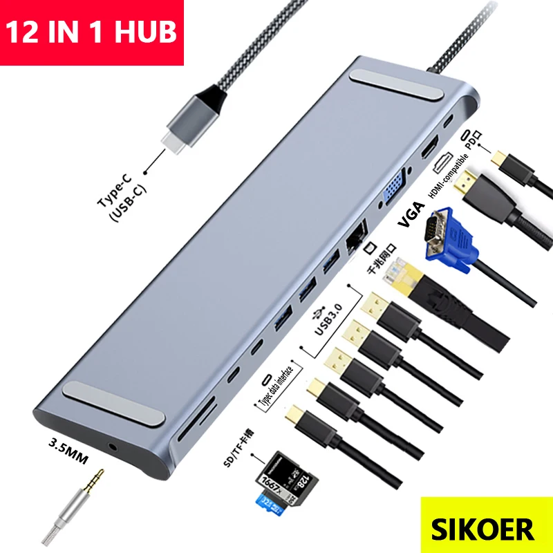 Док-станция 12 в 1 для ноутбука док-станция типа c с двумя HDMI-разъемами VGA аудио TF/SD