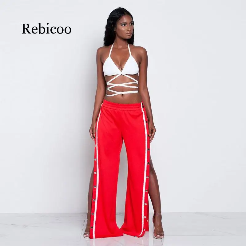 

summer autumn pants Women wide leg pants long Ladies casual loose Side split bohemian Bottom Sexy button trousers