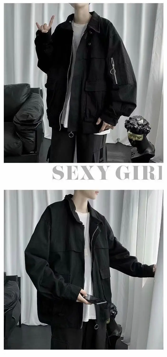 2022 jacket male student Korean loose casual trend multi-pocket all-match Hong Kong style coat men women retro cool top black bomber jacket