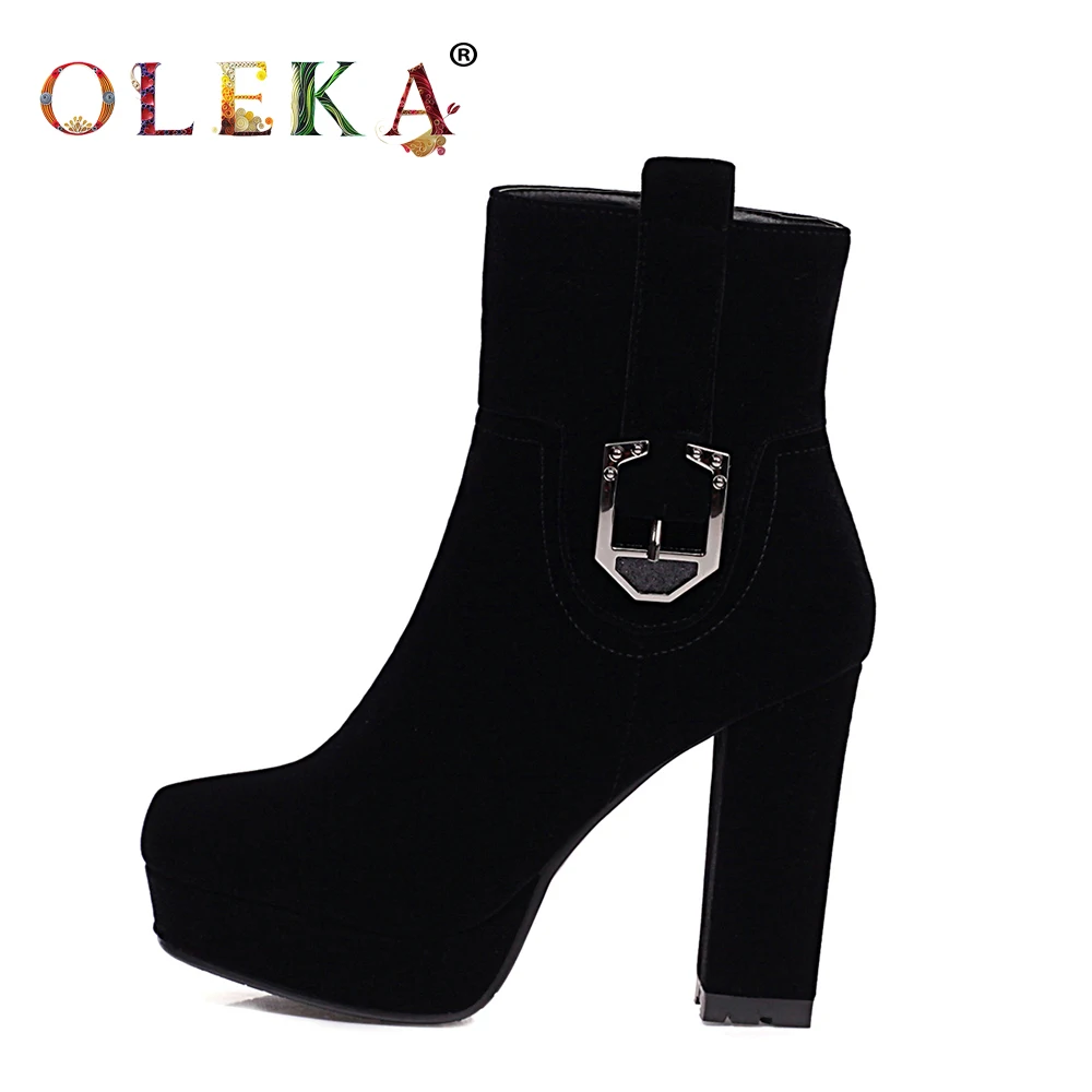 

OLEKA Mid-calf Winter Boots Square Heel Metal Decoration Square Toe Women Ankle Boots Office Lady Style Basic New AS854