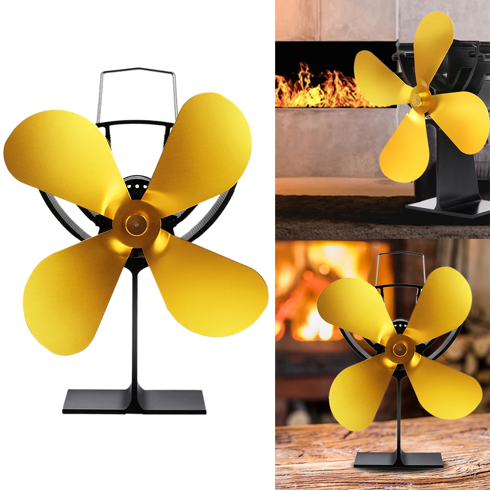 

4 Blades Efficient Home Metal Winter Gold Practical Heat Operated Durable Low Noise Energy-Saving Fireplace Fan Lightweight