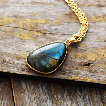 Natural Stone Pendant Necklace Labradorite Gold Tone Chain Pendant Necklace Unique Gems Jewelry Bohemian