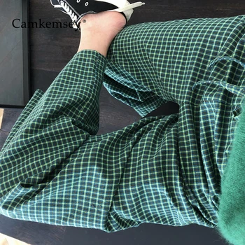 

CamKemsey Fashion Green Plaid Loose Straight Pants Women 2020 Casual High Waist Spring Breathable Cotton Wide Leg Pants