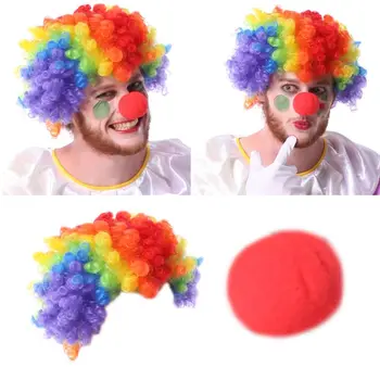 

Adult Kids Rainbow Colorful Afro Curly Clown Wig Red Foam Nose Cosplay Costume Magic Masquerade Halloween Party Supplies