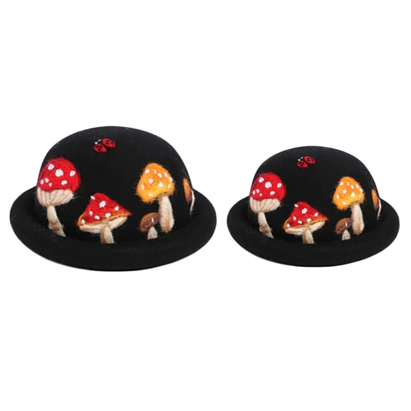 Parent-Child Winter Autumn Faux Wool Felt Jazz Hat Cute Cartoon Mushroom Ladybird Embroidery Vintage Prom Bucket Cap Party Props kangol tropic monty