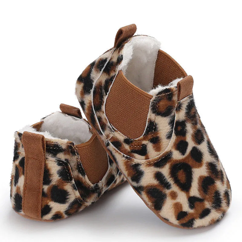 Leopard Print Обувь из искусственной кожи для маленьких мальчиков и девочек; зимняя теплая плюшевая обувь на мягкой подошве для малышей - Цвет: Leopard Print