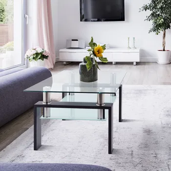 Living Room Double Layer Rectangle Glass Coffee Table Clear Tea Table Modern Side Center Tables For House Furniture round table assemble double layer square coffee table bamboo japanese tea table for living room home furniture