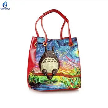 

Bucket bags ART Oil Hand Painted Van Gogh style original design 2020 new fashion women Totes women Genuine leather Handbag Tote