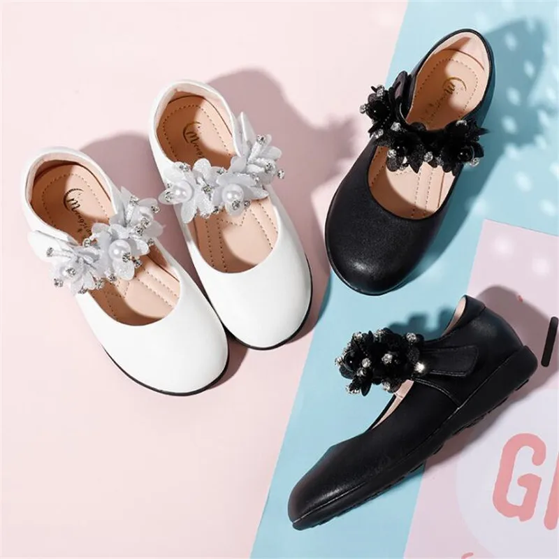 Baby Toddler Girl White Fashion Flats Little Kid High Quality Leather Shoes Big Children Party Wedding Bridesmaid Dress Shoes