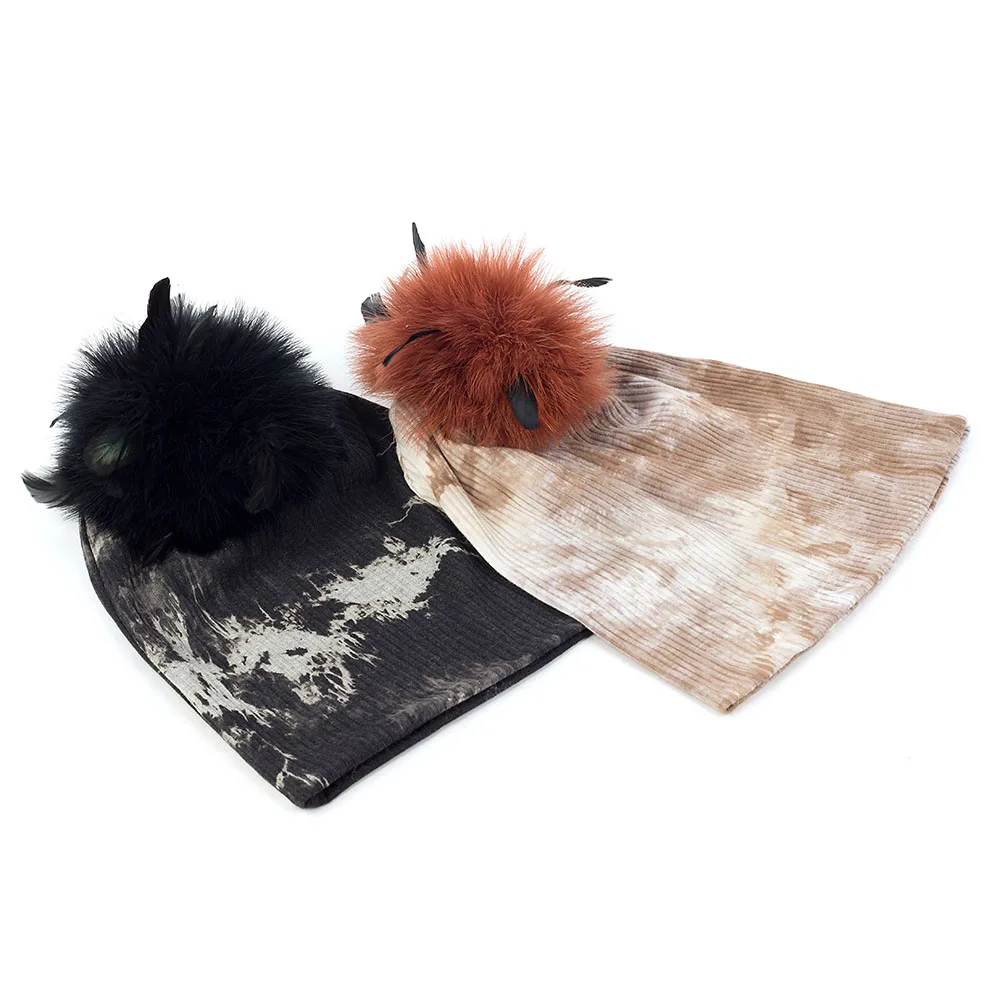 

Unisex Tie Dye Ribbed Beanie Hat For Women Men New Style Print Skullies Cap Soft Warm Casual Hats with Ostrich Fur Pompom