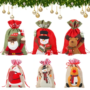 

1 Pcs Christmas Cookie Candy Party Gift Bag Santa Claus Snowman Elk Drawstring Jute Burlap Gift Bags Christmas Decoration