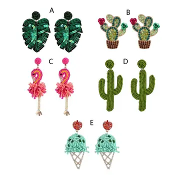 

Boho Handmade Seed Beaded Leaf Cactus Ice Cream Flamingo Pendant Drop Earrings