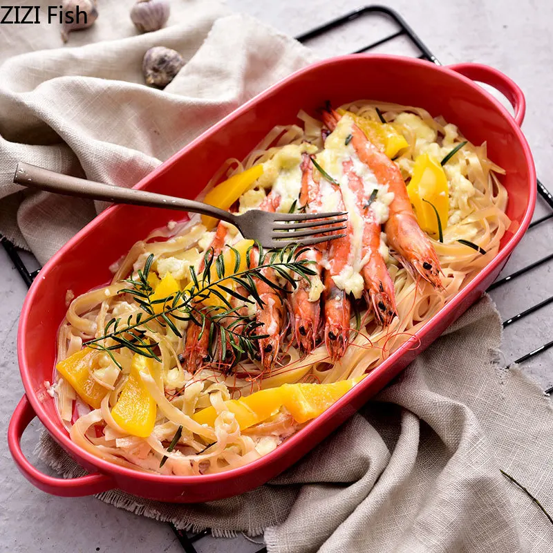 Creative large Ceramic Cheese Baked Plate With handle Household Baking Dish Tray Western Dishes Oven Multi-color Bowl
