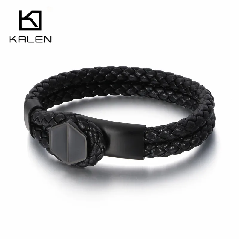 20cm Stainless Steel Gold/Silver/Black Hexagon Bracelet Men's Charm Double Layer Leather Bracelet Homme Jewelry Accessory