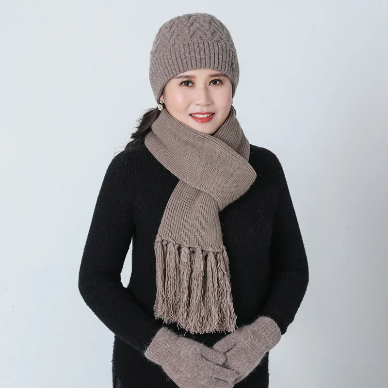 Новинка, вязанная зимняя шапка Skullies с кроличьим мехом, женские шапки бини из плотного хлопка, женский зимний шарф, перчатки, комплект из трех предметов