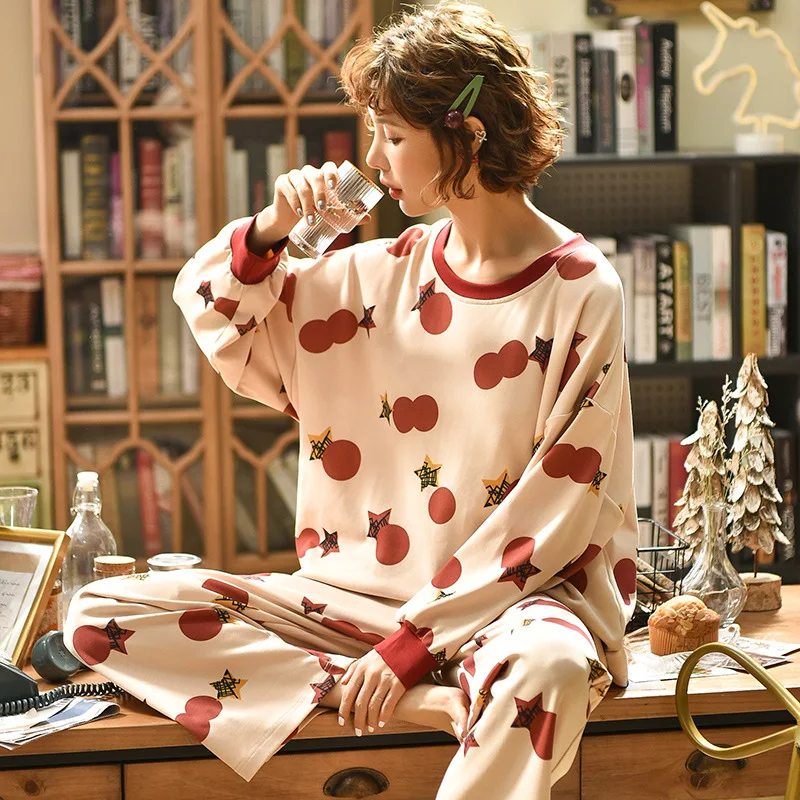 

2020 Summer Woman Long-sleeved 100% Cotton Pajamas Female O-collar Sleepwear Ladies Full Cotton Sliding Home Clothes M-2XL