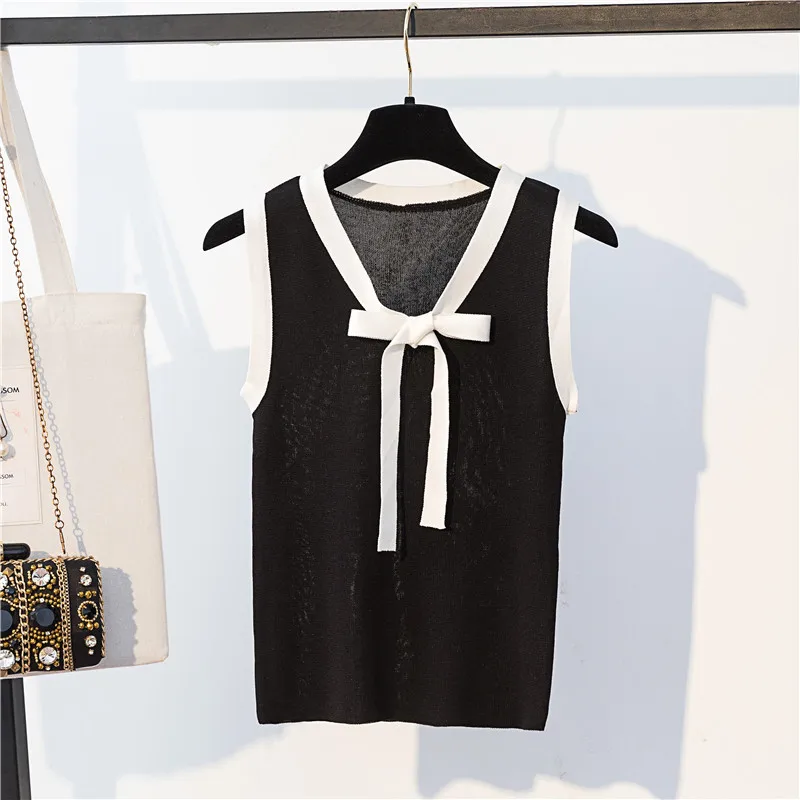 New Spring summer Loose large size Sleeveless vest Female Bow V-neck knitting vest Tops cc1645