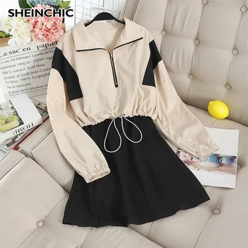 

Autumn 2019 Women 2pcs Set Suit Beige/Black/Gray Long Sleeve Drawstring Blouse + Spaghetti Strap Dress Female Two Piece Set