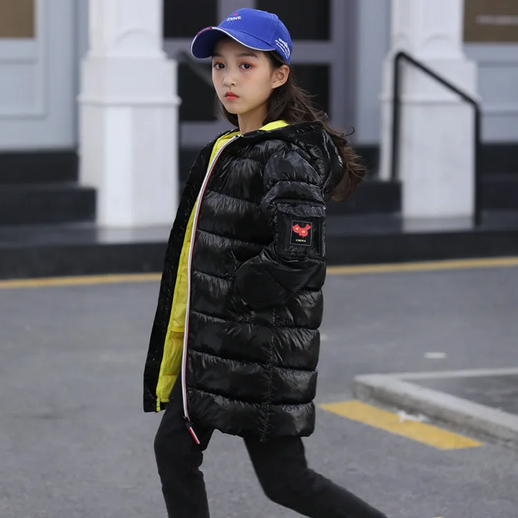 Black Sundae Angel Gilding Fabric Glossy Long Jacket Winter For Girls Hooded Warm Down Cotton Boys Outerwear Children's Parkas Coats - Цвет: Black