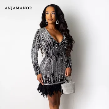 

ANJAMANOR Sexy Party Night Dress Embroidery Beaded Sequins Pearl Feather Trim Deep V Neck Long Sleeve Mini Bodycon Dress D57BC84