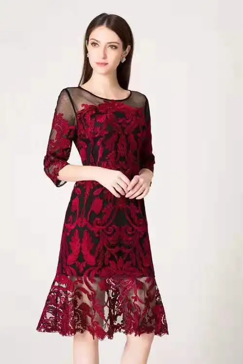 colour 2 3XL платье Vestido весна лето вечерние коктейльные женские сексуальные прозрачные сетчатые с вышивкой 3/4 рукав облегающее платье цвета красного вина темно-синего цвета - Цвет: colour 2