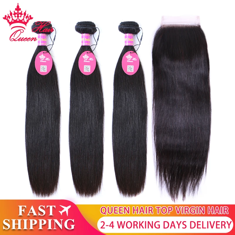 Straight-Bundles Store Hair-Official Queen 100%Human-Hair Closure Virgin Natural-Color