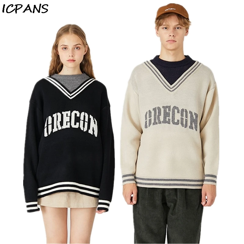 

ICPANS Oversized Pullovers Sweater Men Women Couple Pacthwork Neck Korea Style Letter Japanese Loose Sweaters Man 2019 New