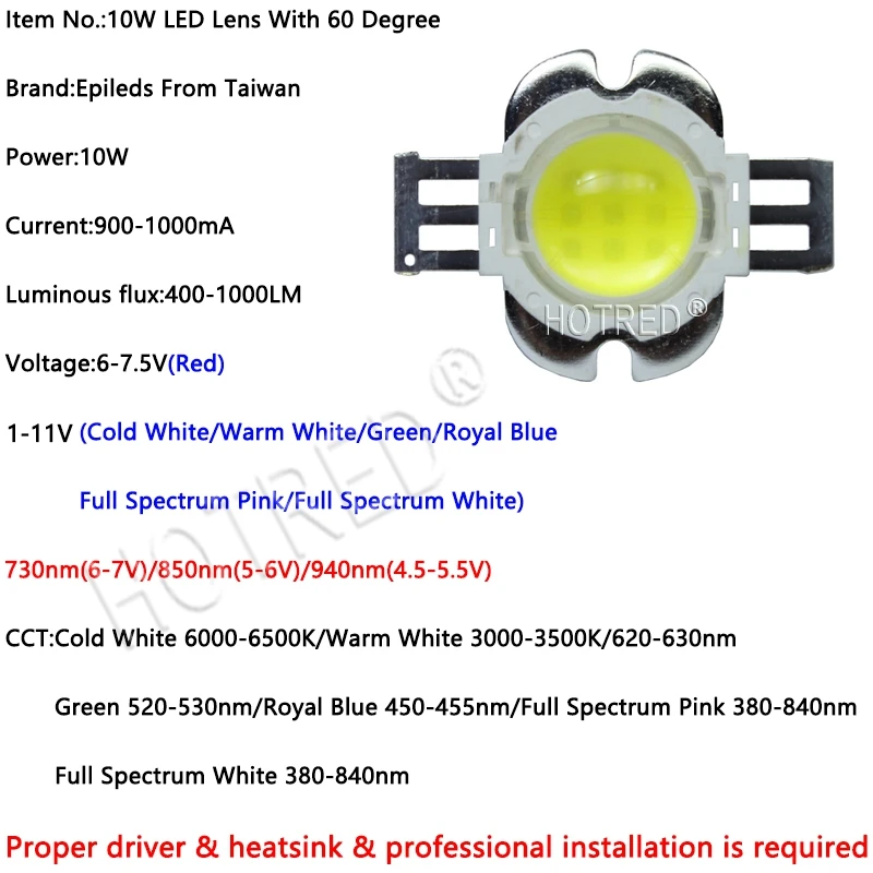 10 Вт COB 45mil led холодный теплый белый королевский синий зеленый IR940nm 850nm UV395 Acquarim завод светодиодный чип с 60 градусов угол обзора объектива