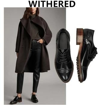 

Withered england vintage cowhide Patent leather shoes woman casual women shoes wood sole Bullock British Oxford Shoes for women