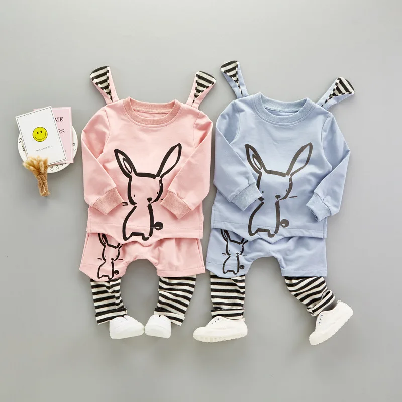 VIMIKID/комплекты одежды для малышей коллекция года, Осенний хлопковый топ с длинными рукавами и рисунком кролика+ полосатые штаны с фальш-вставкой комплекты детской одежды