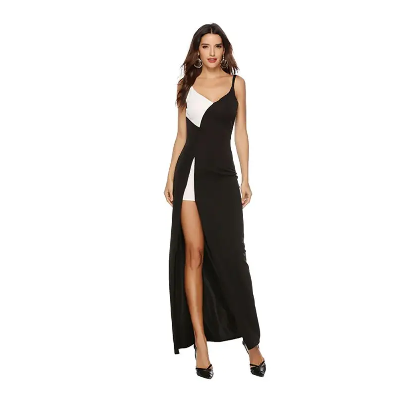 

20119 Sexy Back Beach Plus Size Maxi Dress White Black Patchwork Dress V Neck Sleeveless Split Long Dresses