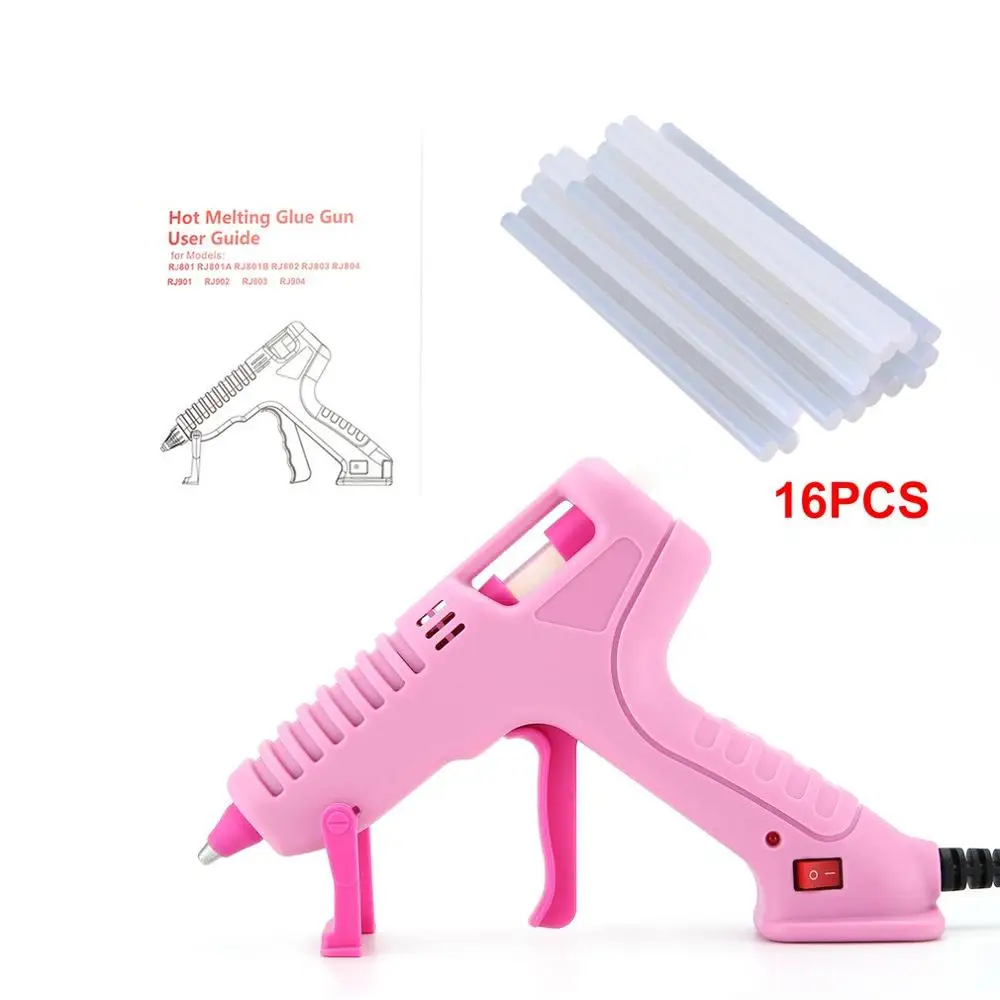 16pcsTransparent RJ801 30 Вт термоплавкий клеевой пистолет с клеевым стержнем для DIY ручной работы, инструменты для ремонта игрушек, электрические термоклеевые пистолеты розового цвета, американский тип - Цвет: 16pcsTransparent