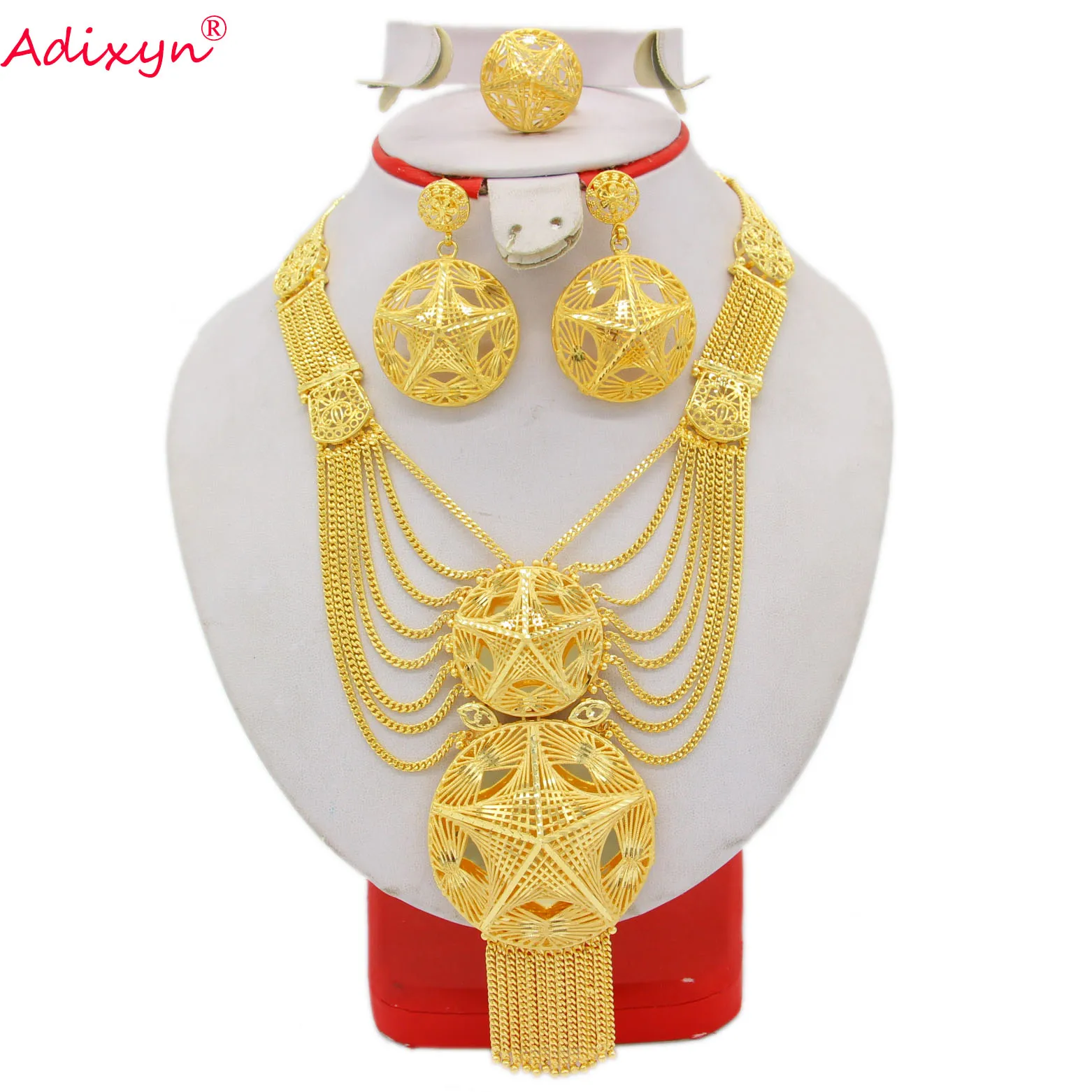 

Adixyn Dubai Collares Necklace/Earrings/Ring Jewelry Set for Women 24K Gold Color African Arab Bridal Wedding Gifts N122718