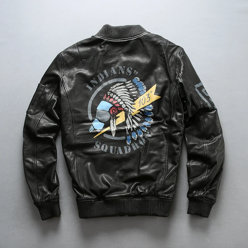 

Fast Shipping Men's Black Genuine Leather Jacket 3D Pattern A1 Pilot Vintage Bottom Pleated Sheepskin Air Force Jackets