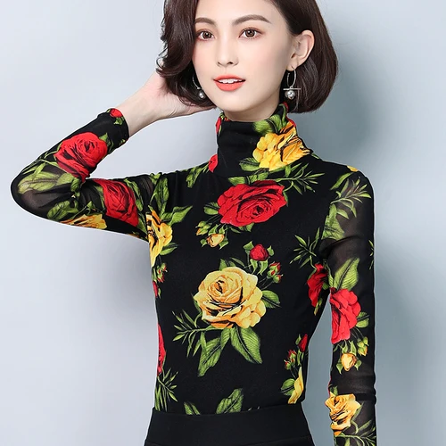 

2019 Autumn New Style Exquisite Printed Elastic Long Sleeve Big Code Designs Women Slim Temperament Black Female Bottoming Shirt